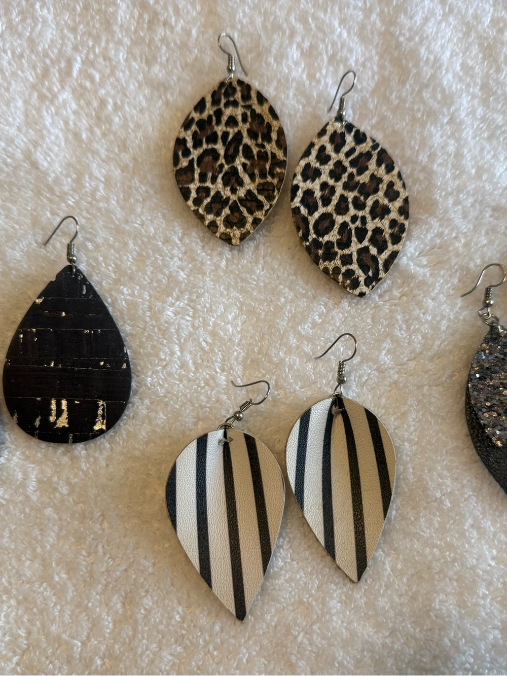 Striped Blk, BlkSparkly, Leopard and White w/ Blk Teardrop Leather Earrings